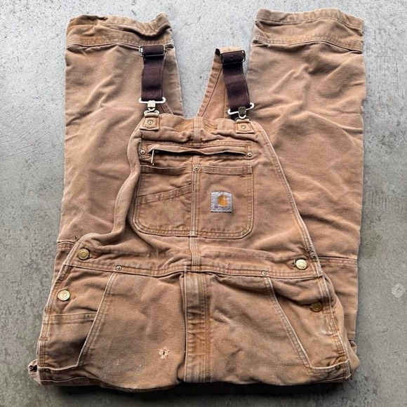 Carhartt Denim - Vintage Carhartt Overalls Faded Distressed Dungarees 34/30 Tan Duck Double Knee